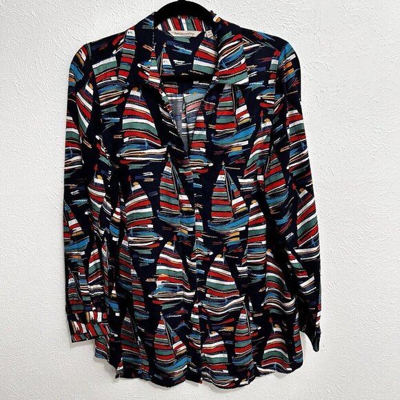 Soft Surroundings Sail Away Small Blouse Top Sailboats Colorful Artsy Button Up - Picture 1 of 8